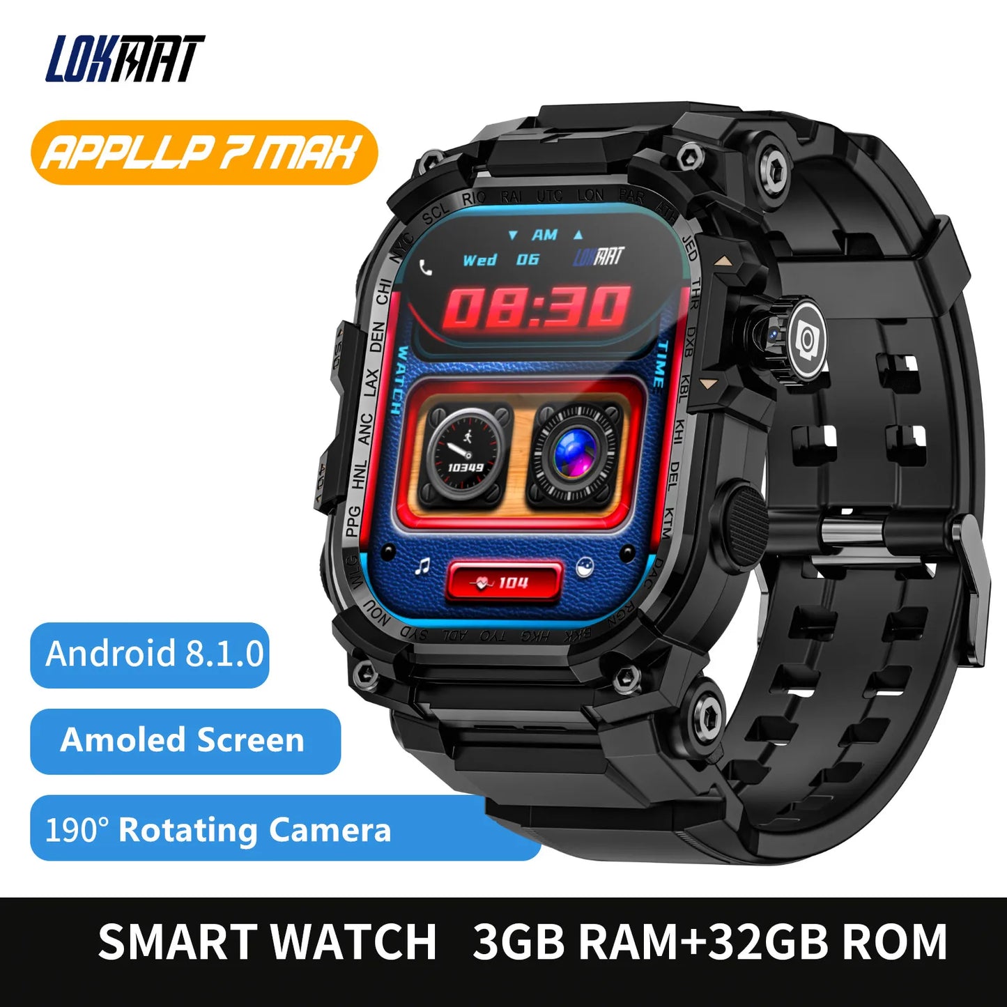 Lokmat Appllp 7 Max Android Smart Watch Phone Amoled Touch Screen Camera 4G WiFi SIM Card Outdoor Fitness Tracker