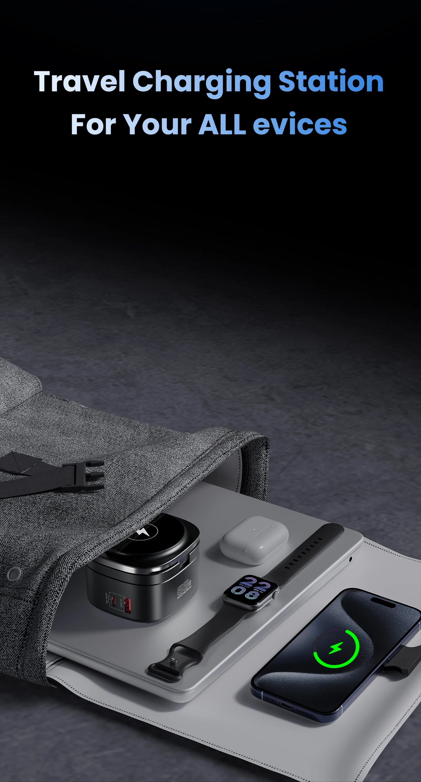 ASOMETECH 65W GaN Fast Charger Magnetic Foldable Wireless Station For MacBook