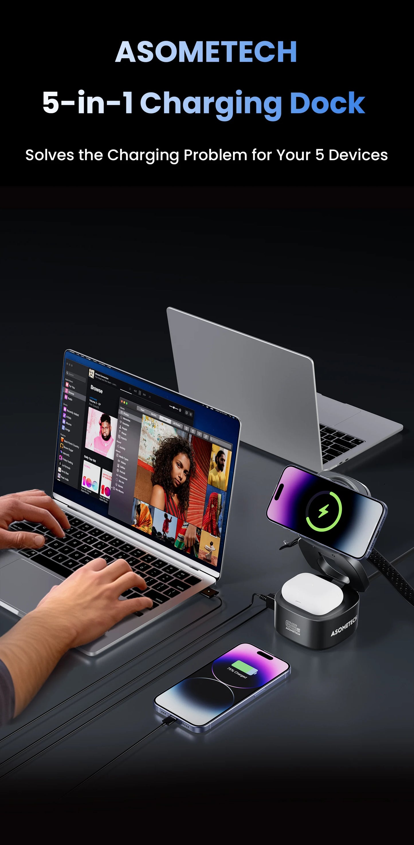 ASOMETECH 65W GaN Fast Charger Magnetic Foldable Wireless Station For MacBook