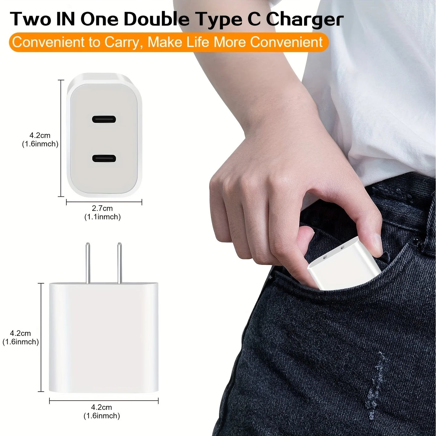 2 Pack 40W PD Fast Dual Port Charger With 10 Foot USB C To C Cable For iPhone 15 Pro Max, 15 Pro, 15, 15 Plus And iPad Pro