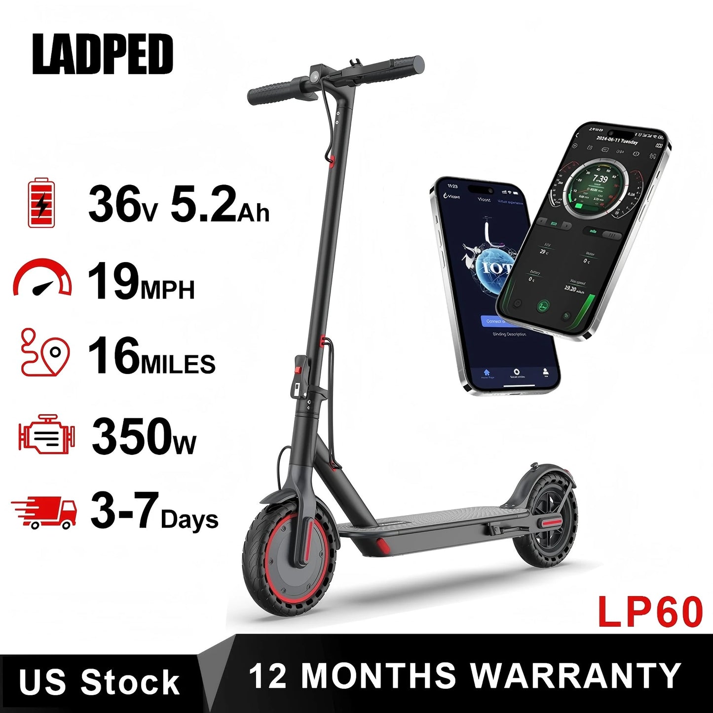 LP60 Electric Scooter 350W 19 MPH APP Control Foldable 8.5 36V 40-60km Range