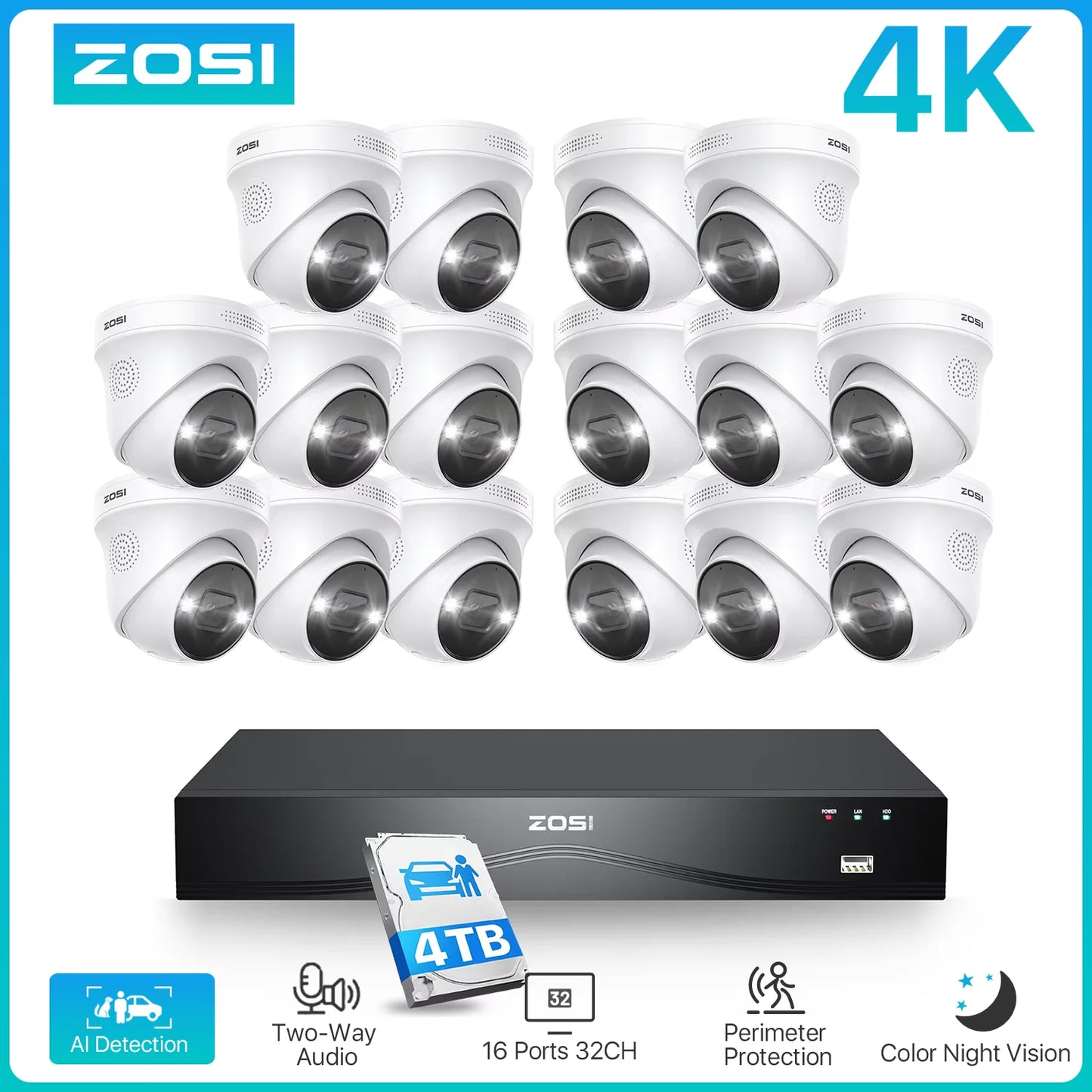 ZOSI 4K 8MP PoE Security System 16 Channel NVR 4TB AI