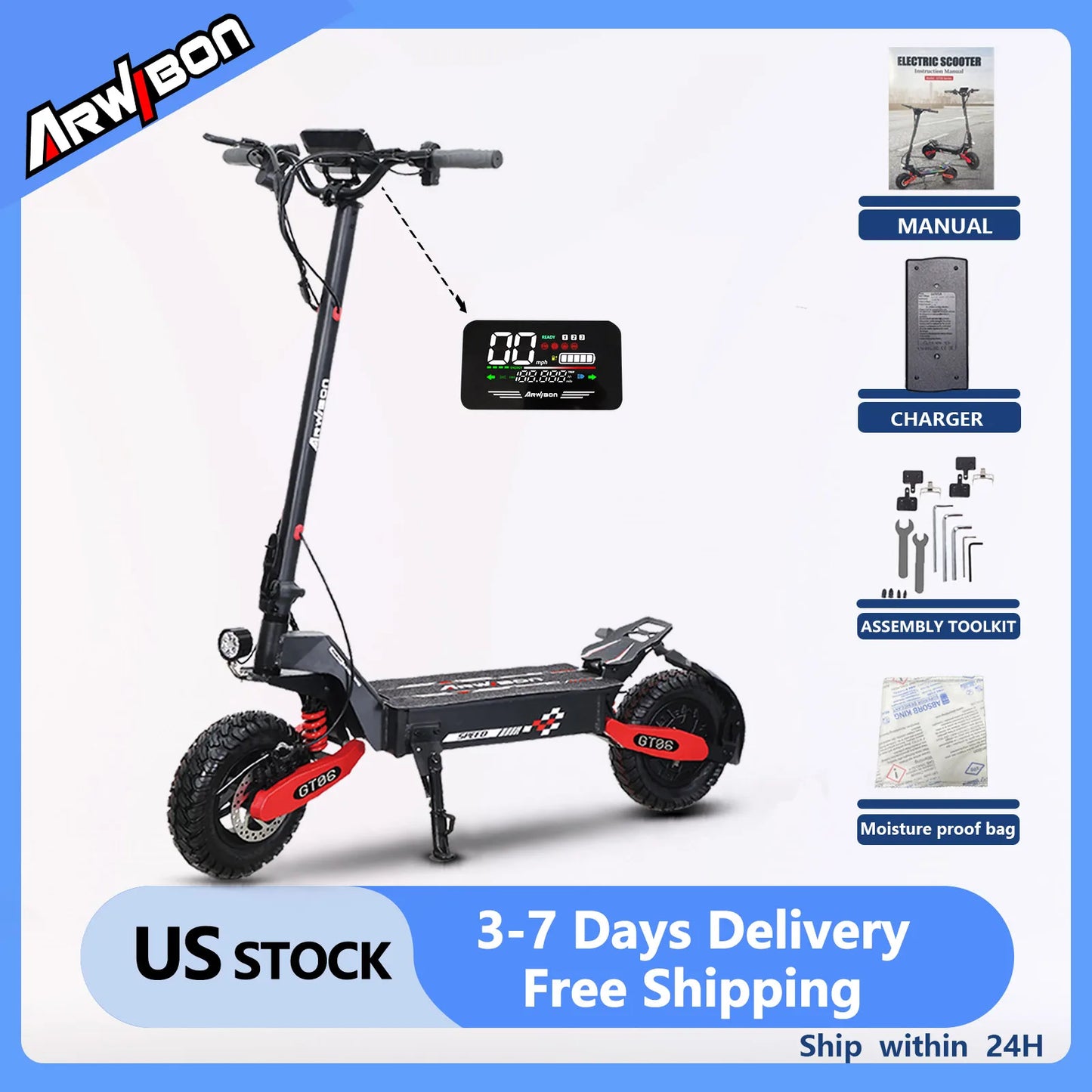Arwibon GT06 1200W Foldable Escooter Adults 25 MPH 48V 13Ah 11In Off Road Tires