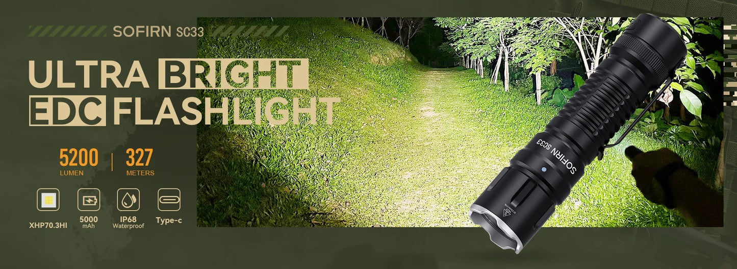 Sofirn SC33 XHP70.3 HI LED 21700 Rechargeable Tactical Flashlight 5200Lm USB C