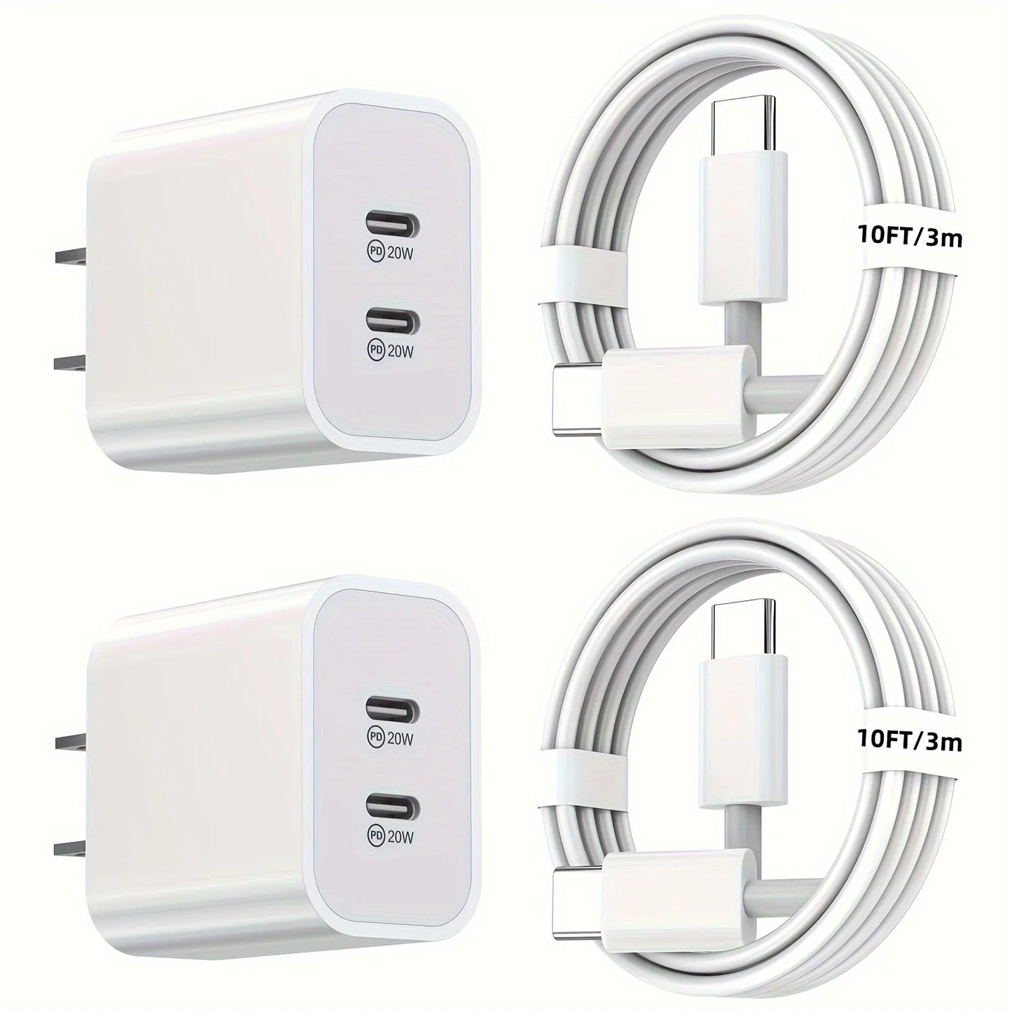 2 Pack 40W PD Fast Dual Port Charger With 10 Foot USB C To C Cable For iPhone 15 Pro Max, 15 Pro, 15, 15 Plus And iPad Pro
