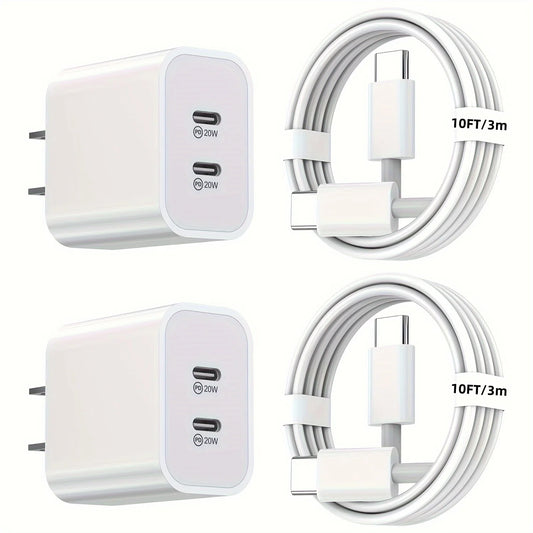 2 Pack 40W PD Fast Dual Port Charger With 10 Foot USB C To C Cable For iPhone 15 Pro Max, 15 Pro, 15, 15 Plus And iPad Pro