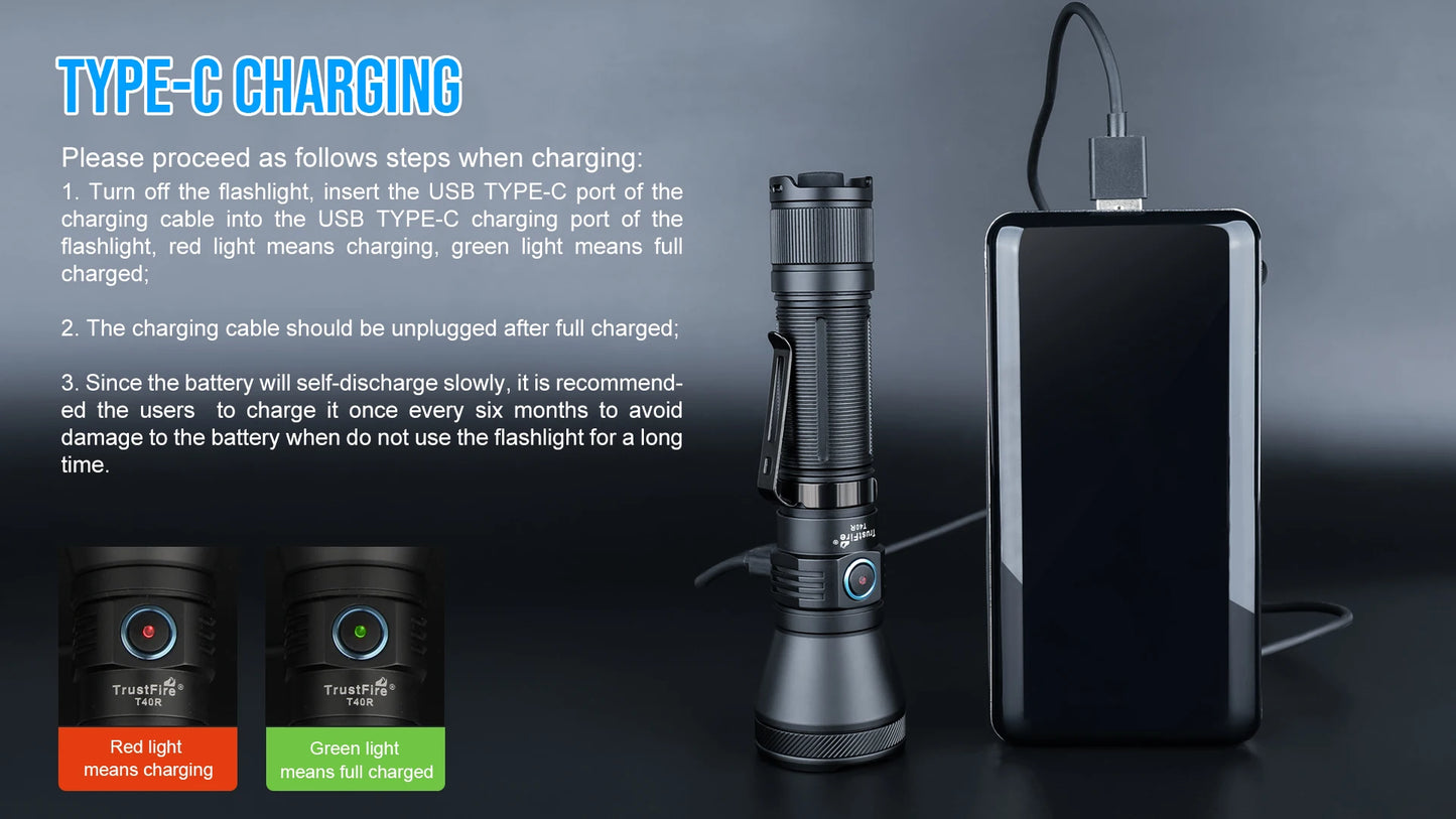 Trustfire T40R Army Tactical LED Flashlight 1800 Lumen USB Rechargeable IP68