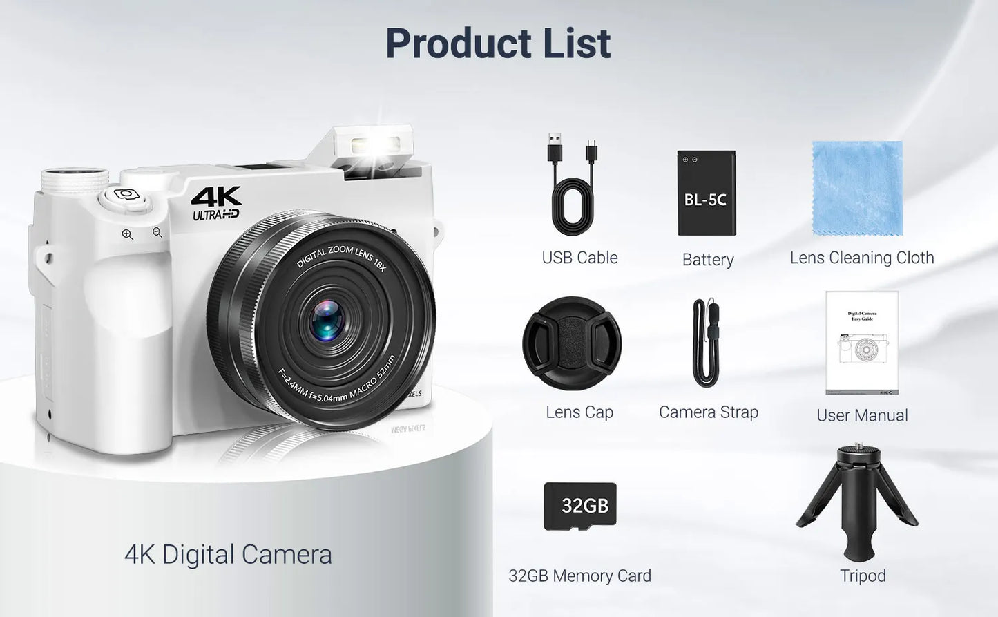 Gavonde 4K Camera 75MP Autofocus Anti Shake 18X Zoom Selfie