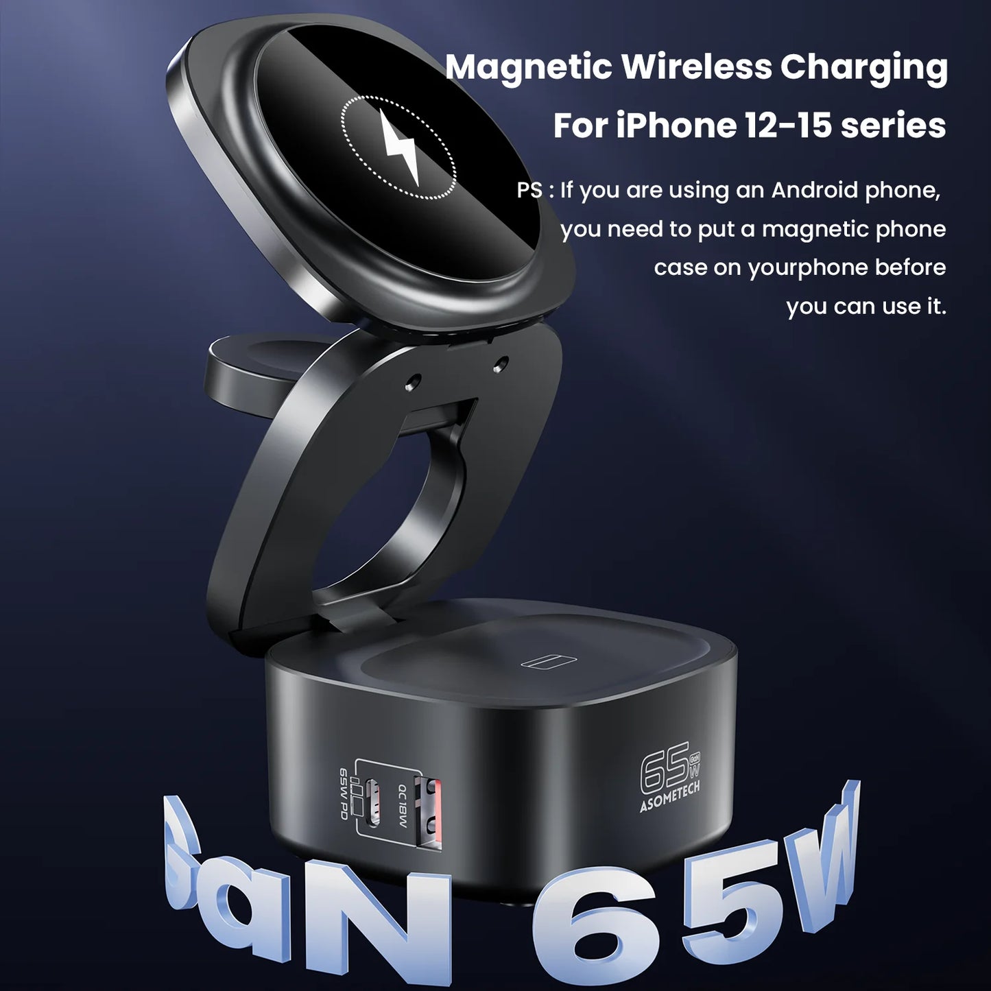 ASOMETECH 65W GaN Fast Charger Magnetic Foldable Wireless Station For MacBook