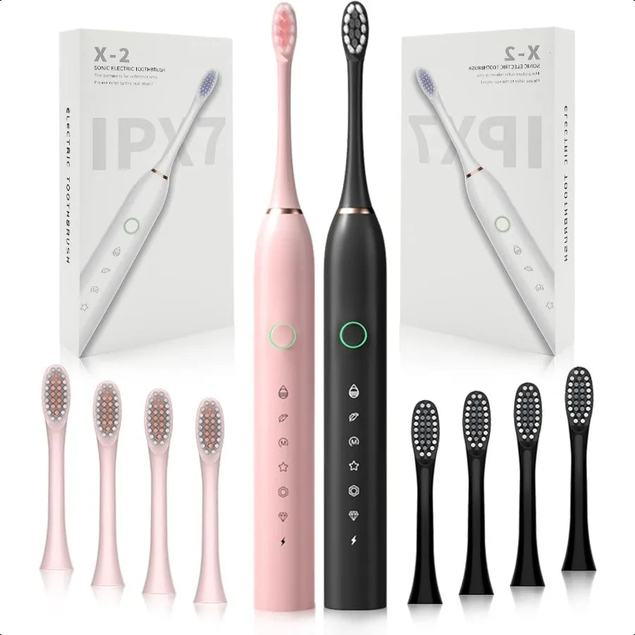 2 Pack Rechargeable Electric Toothbrushes 8 Brush Heads 6 Cleaning Modes
