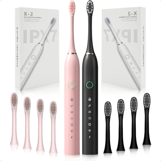 2 Pack Rechargeable Electric Toothbrushes 8 Brush Heads 6 Cleaning Modes