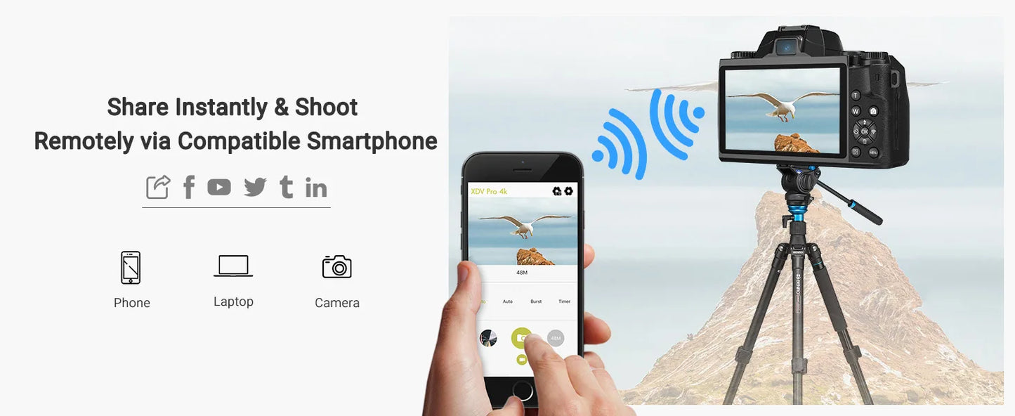 4K 64MP WiFi Vlogging Camera With Flash And Lens Hood