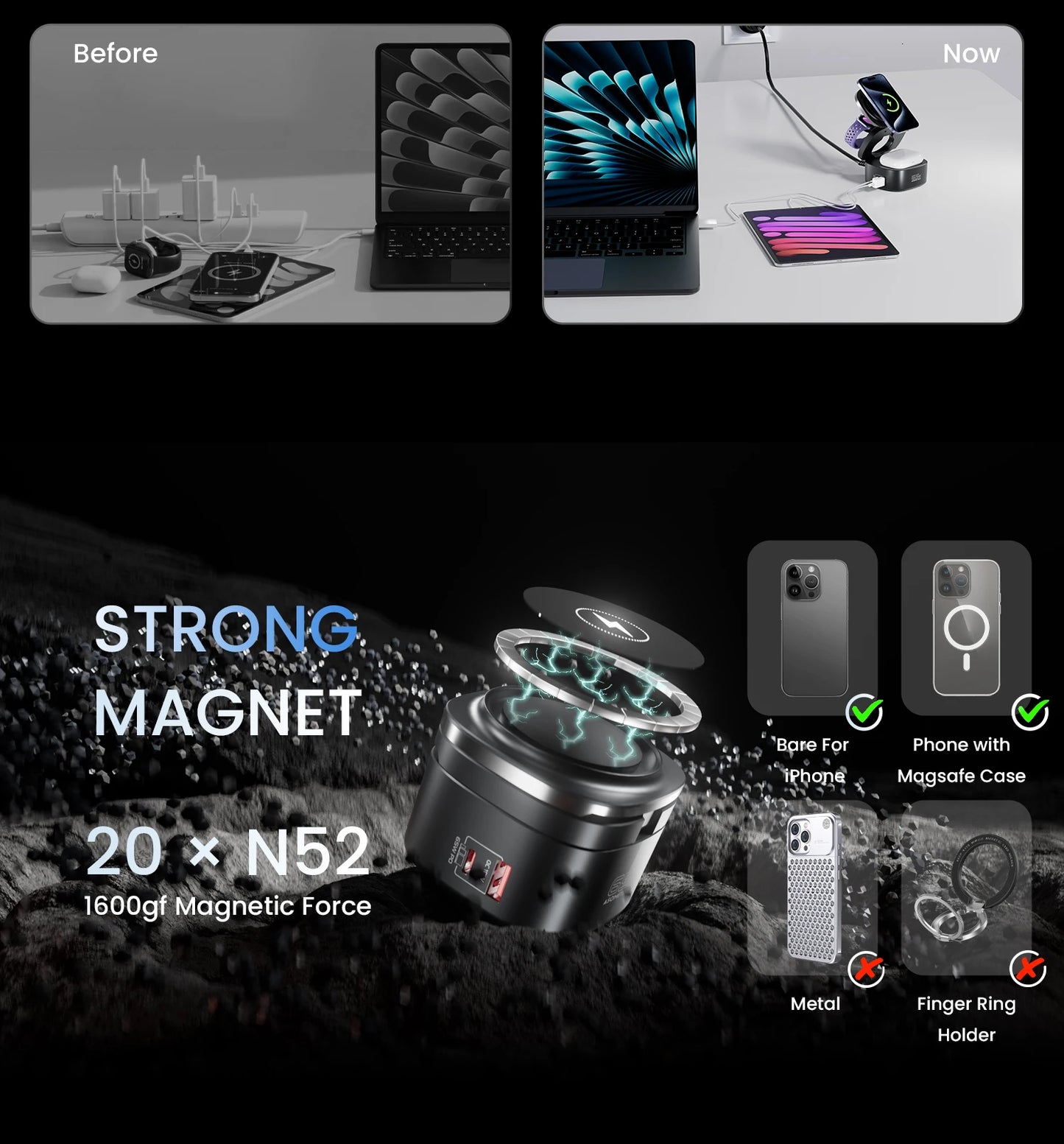 ASOMETECH 65W GaN Fast Charger Magnetic Foldable Wireless Station For MacBook