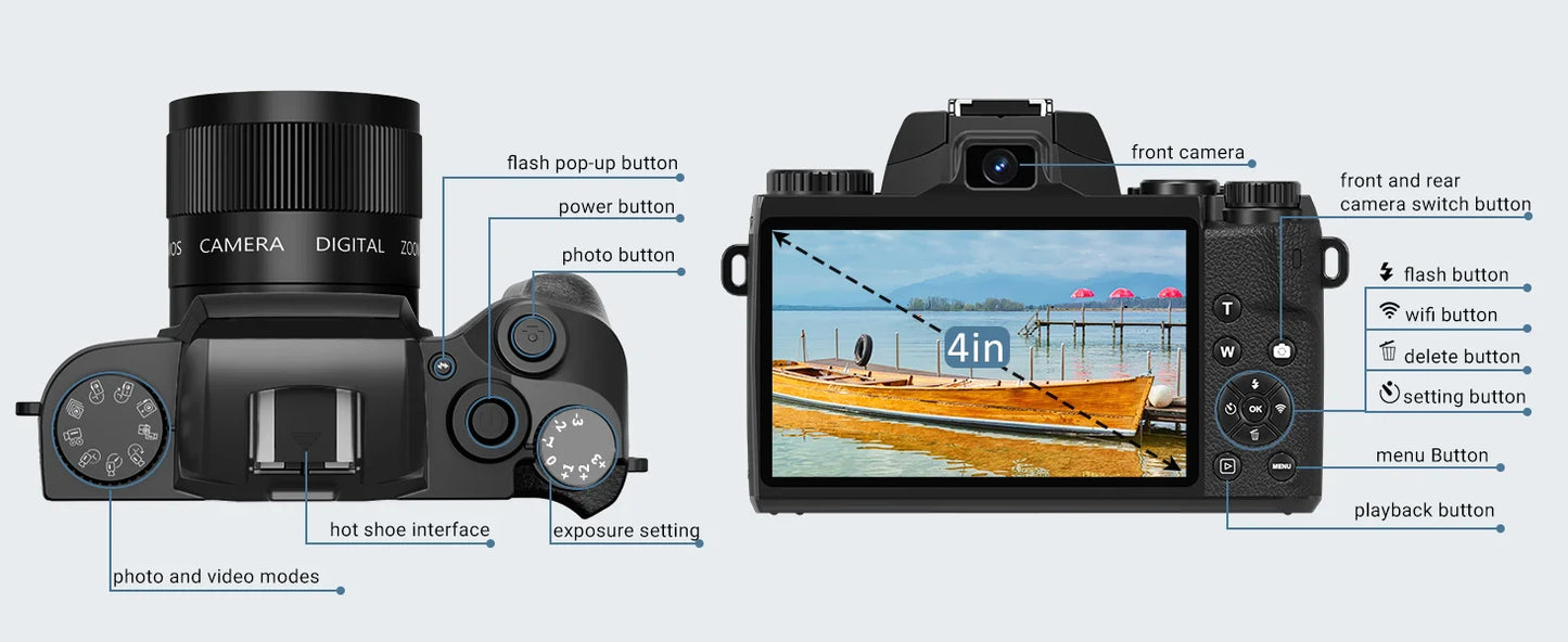 4K 64MP WiFi Vlogging Camera With Flash And Lens Hood