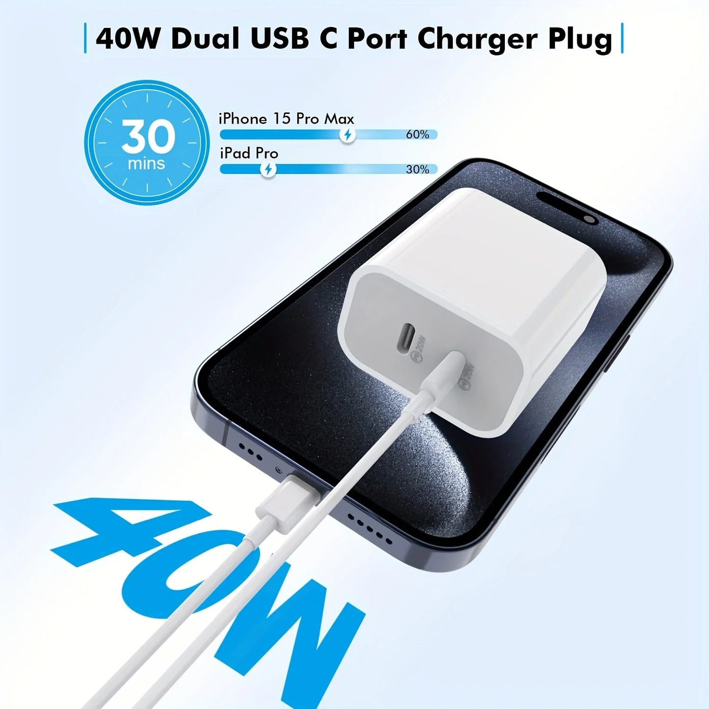 2 Pack 40W PD Fast Dual Port Charger With 10 Foot USB C To C Cable For iPhone 15 Pro Max, 15 Pro, 15, 15 Plus And iPad Pro