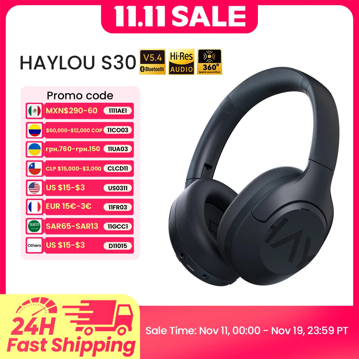 Haylou S30 Wireless Bluetooth 5.4 Headphones 43dB Noise Cancelling 40mm Driver
