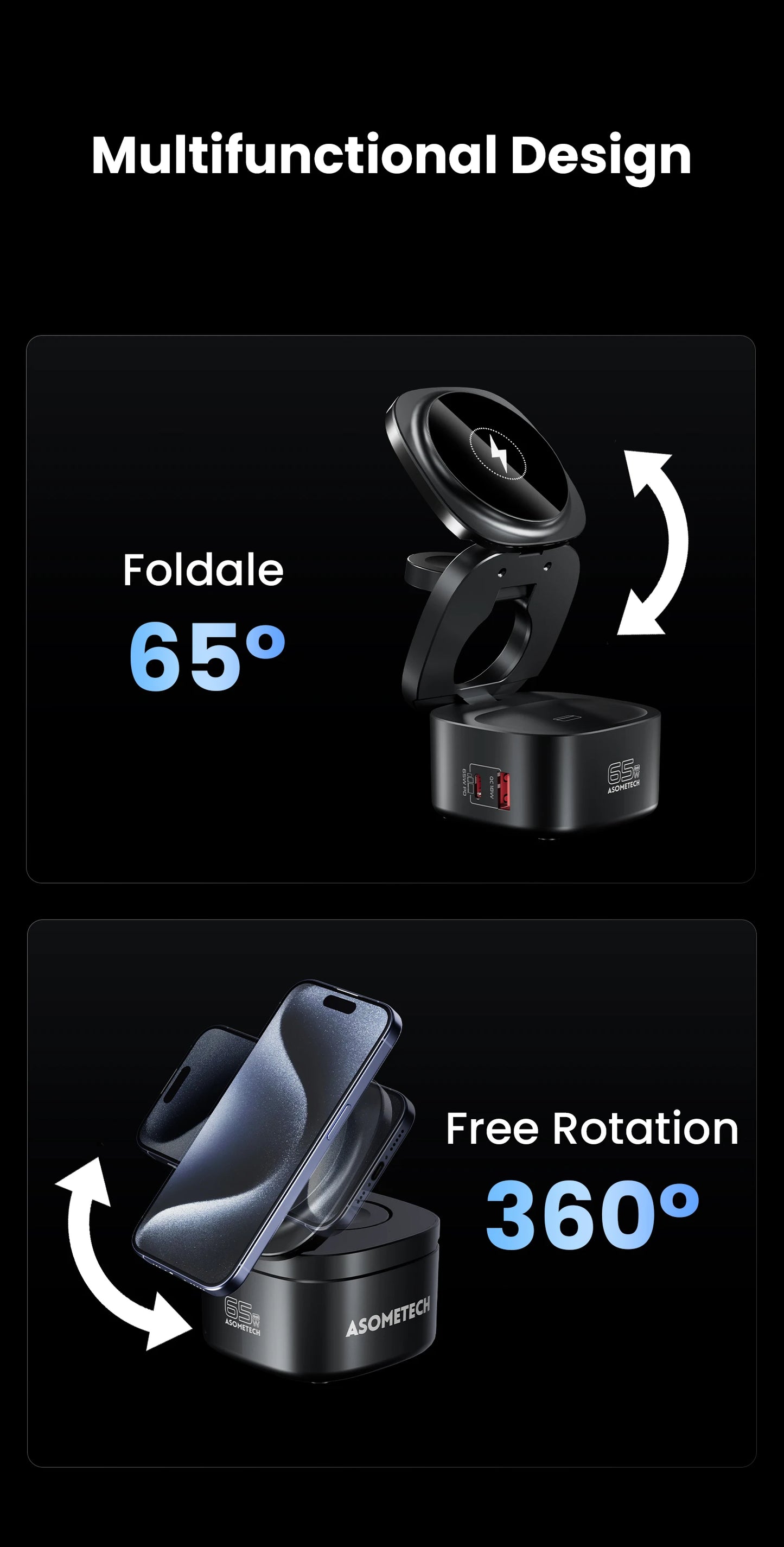 ASOMETECH 65W GaN Fast Charger Magnetic Foldable Wireless Station For MacBook