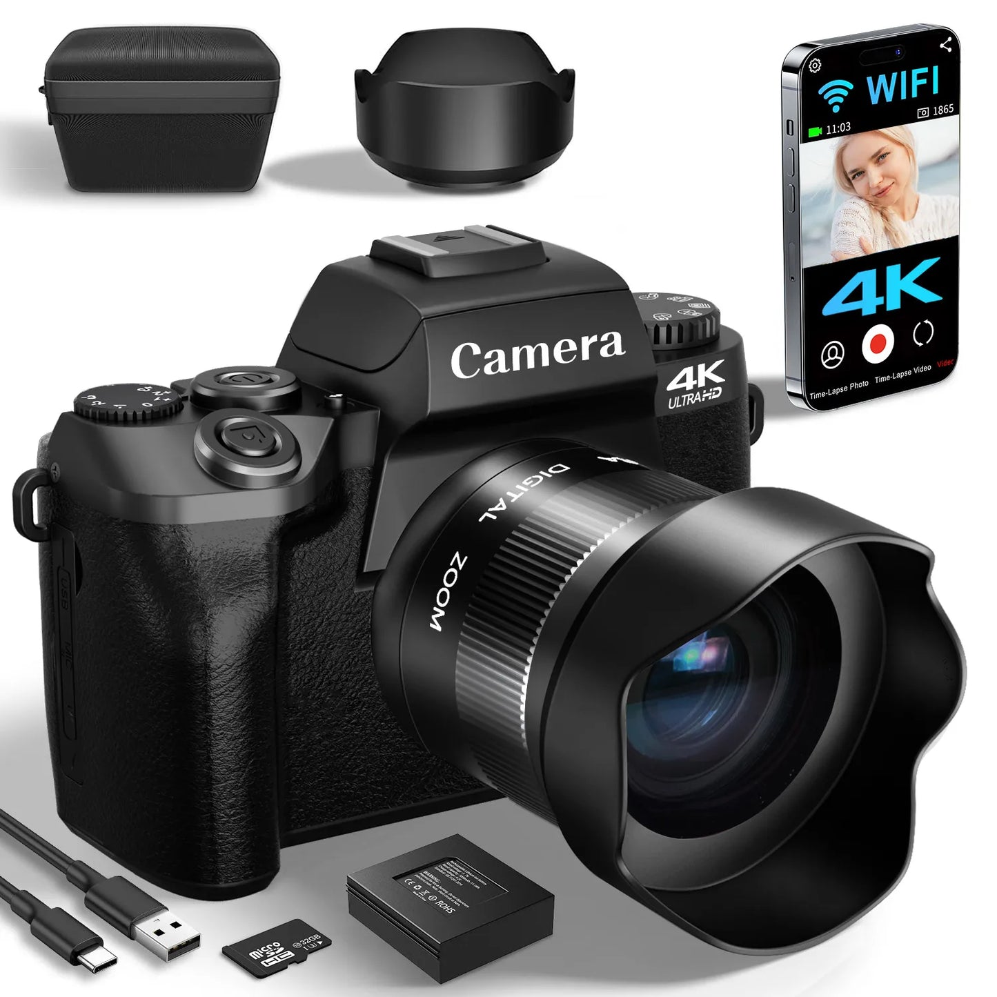 4K 64MP WiFi Vlogging Camera With Flash And Lens Hood