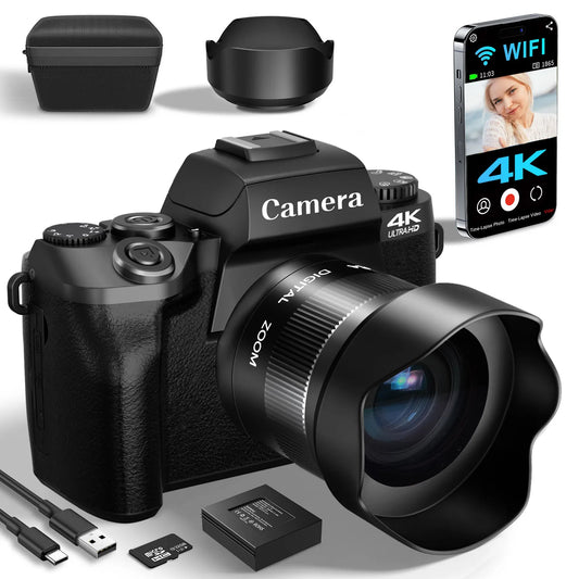 4K 64MP WiFi Vlogging Camera With Flash And Lens Hood