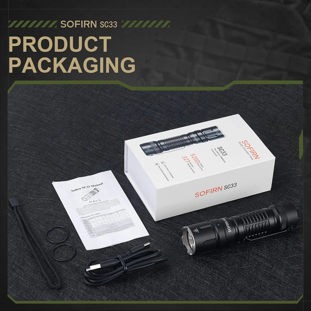 Sofirn SC33 XHP70.3 HI LED 21700 Rechargeable Tactical Flashlight 5200Lm USB C