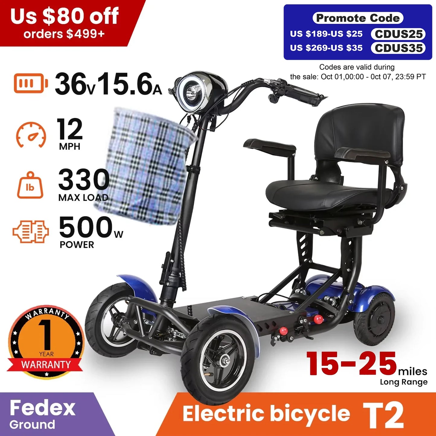Folding Four Wheel Mobility Scooter For Seniors 11 MPH 500W