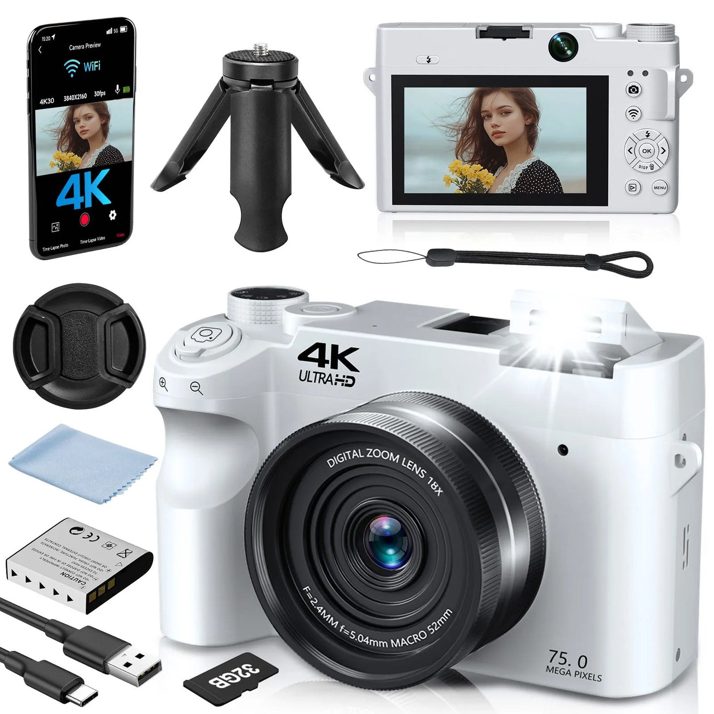 Gavonde 4K Camera 75MP Autofocus Anti Shake 18X Zoom Selfie