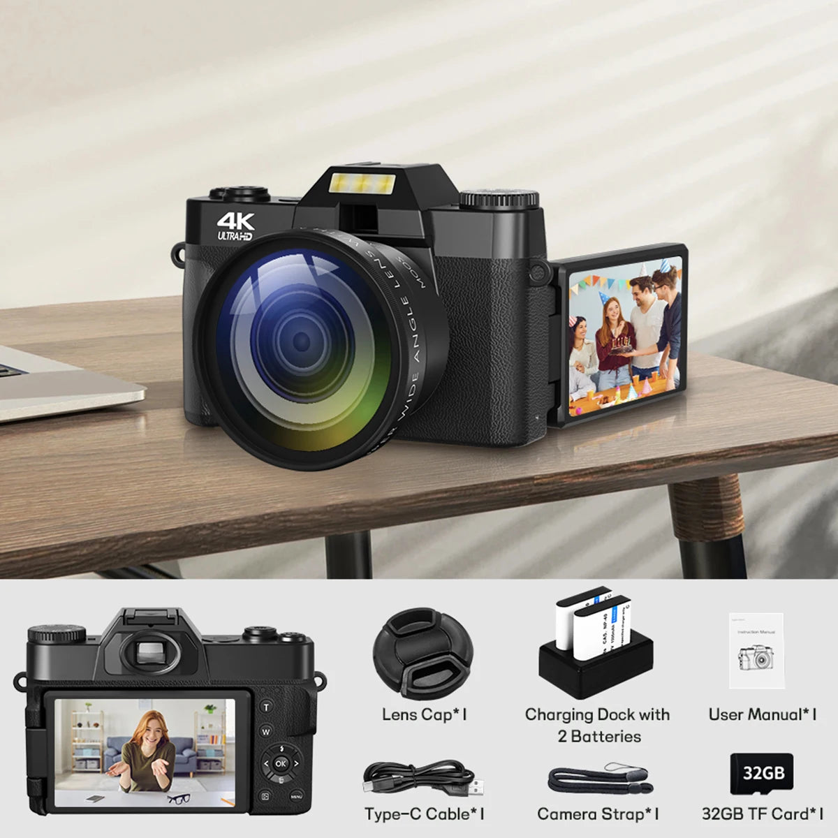Gavonde Compact 4K Camera With WiFi Webcam 64MP Camcorder