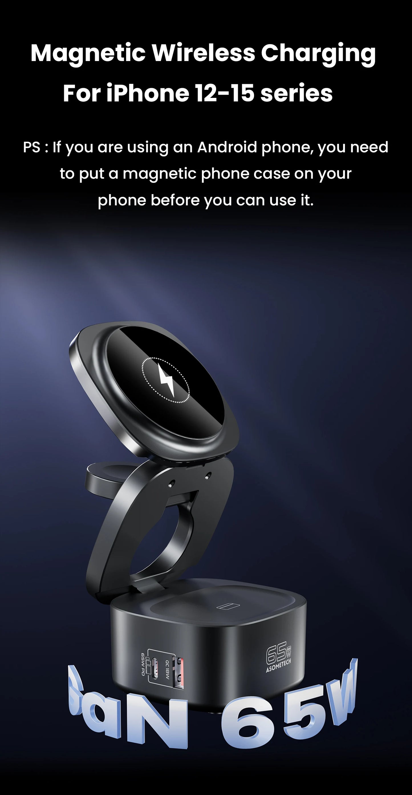 ASOMETECH 65W GaN Fast Charger Magnetic Foldable Wireless Station For MacBook