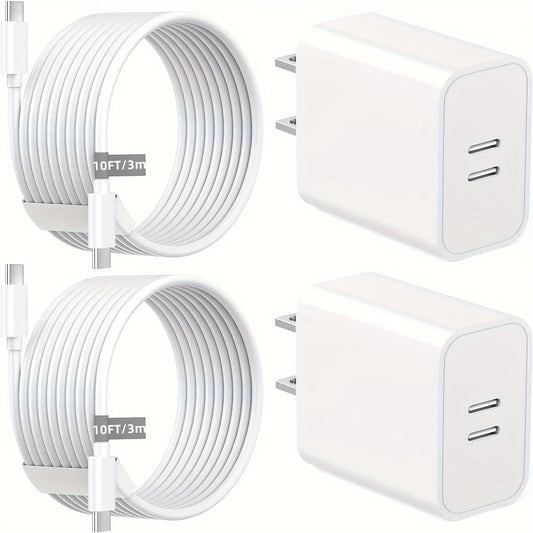 2 Pack 40W Dual Port USB C Wall Charger With 2x 10ft USB C Cables For IPhone 15 Pro Max 15 Plus IPad Pro Air Mini
