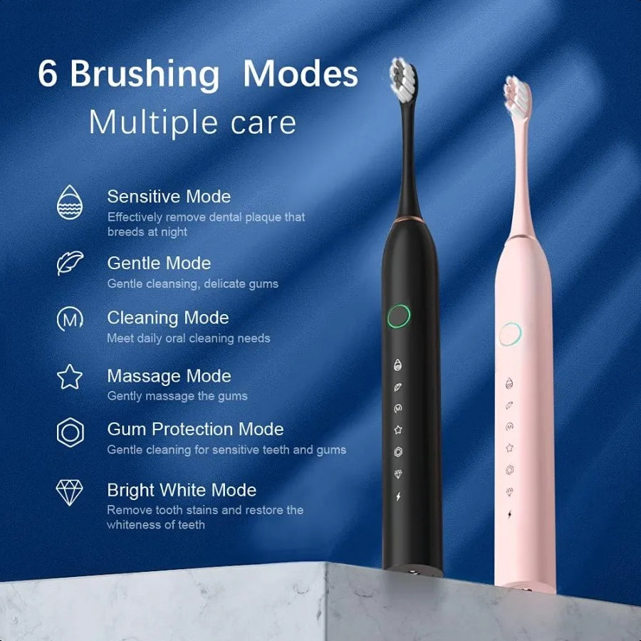 2 Pack Rechargeable Electric Toothbrushes 8 Brush Heads 6 Cleaning Modes
