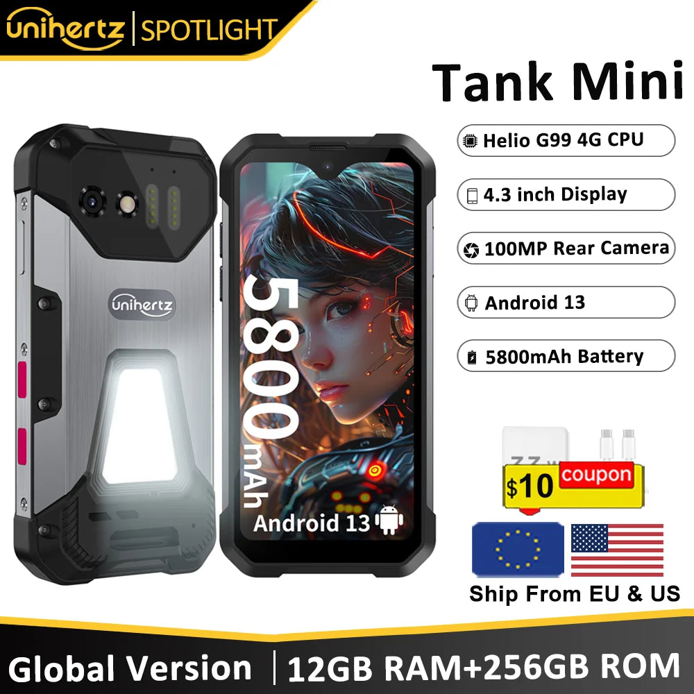 Unihertz 8849 Tank Mini Rugged Smartphone 4.3 Inch Android 13 5800mAh 24GB RAM 256GB Helio G99 IP68 Camera 100MP