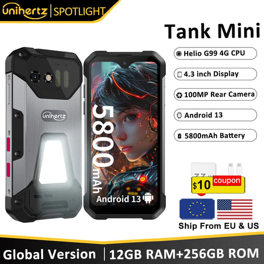Unihertz 8849 Tank Mini Rugged Smartphone 4.3 Inch Android 13 5800mAh 24GB RAM 256GB Helio G99 IP68 Camera 100MP