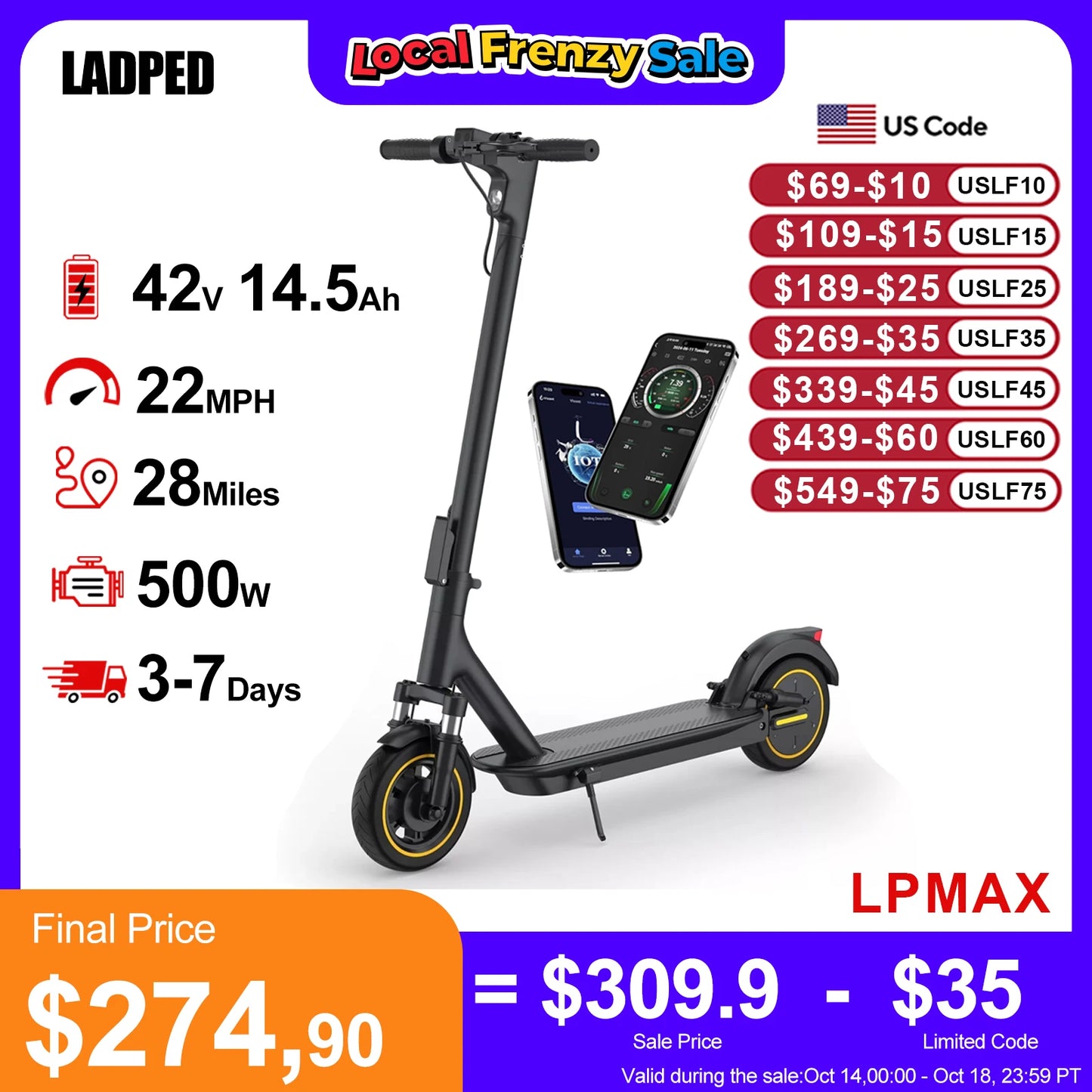 Ladped LPMAX 10In Folding Electric Scooter 22MPH 500W