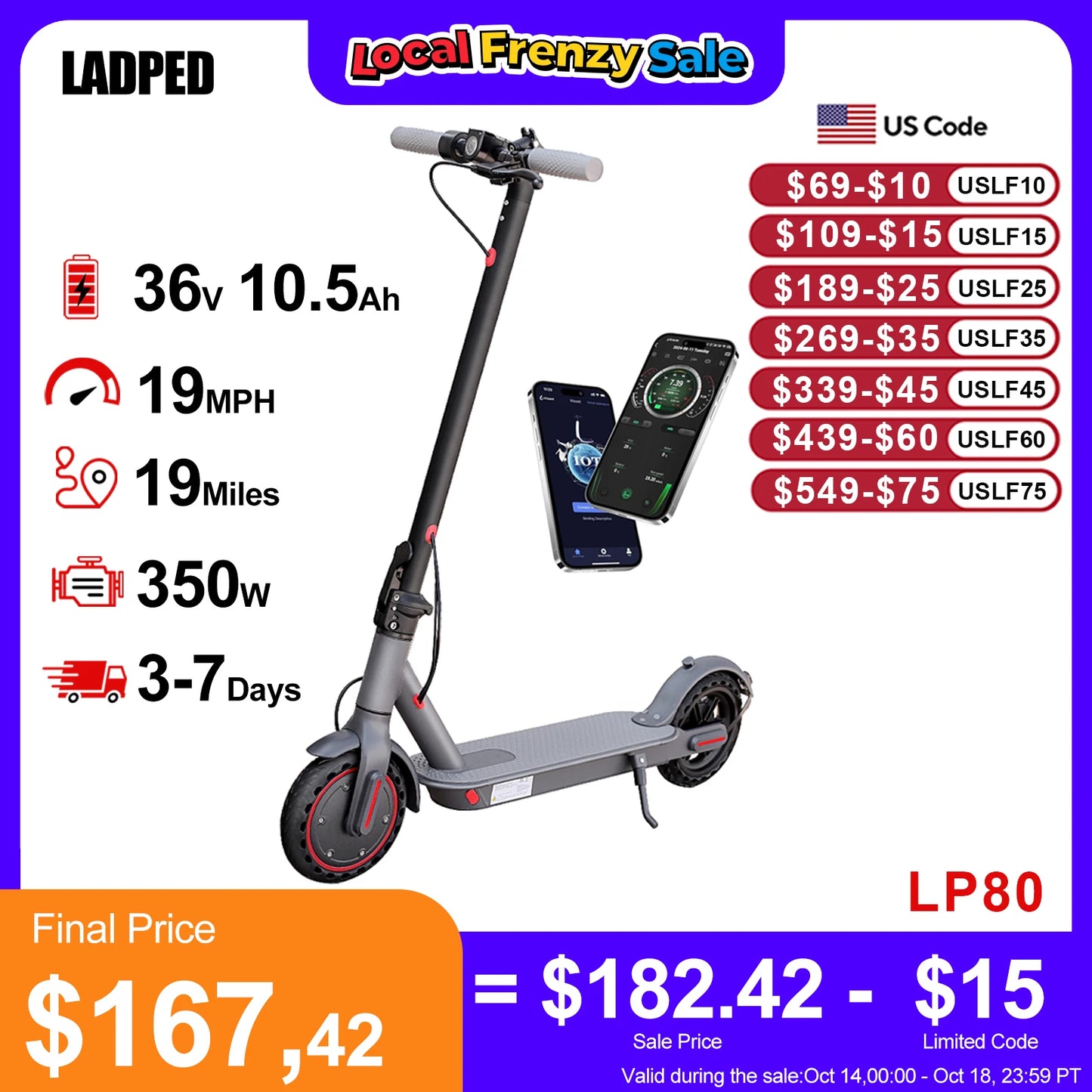 Ladped Electric Scooter 350W Nineteen MPH Folding Waterproof