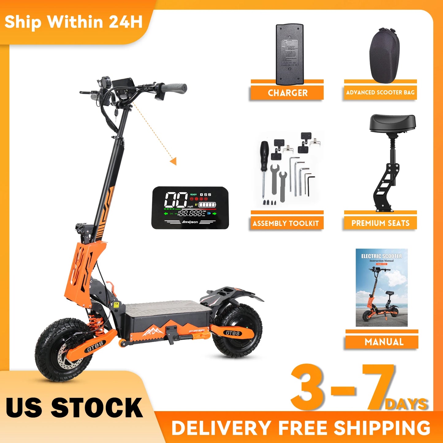 Arwibon 5600W Dual Motor Electric Scooter 46 MPH 60V 27Ah Off Road Folding Seat