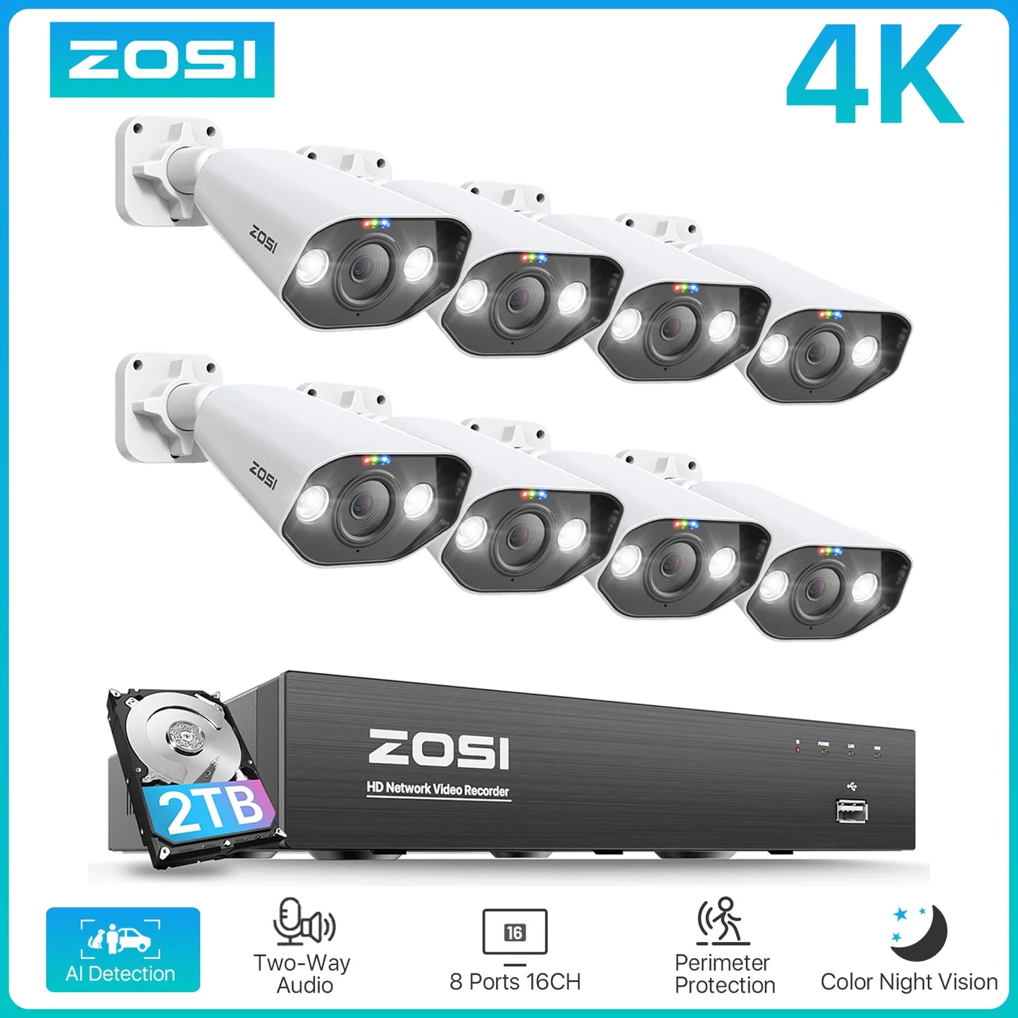 ZOSI 8CH POE Video Surveillance Kit 4K IP Cameras Outdoor