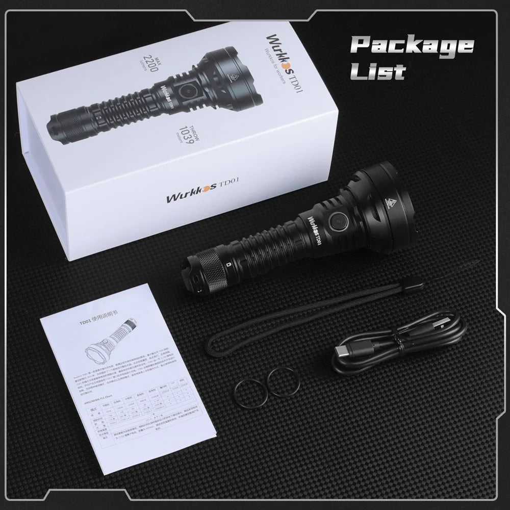 Wurkkos TD01C 21700 Rechargeable Tactical Flashlight LED USB C 1800 Lm IPX8