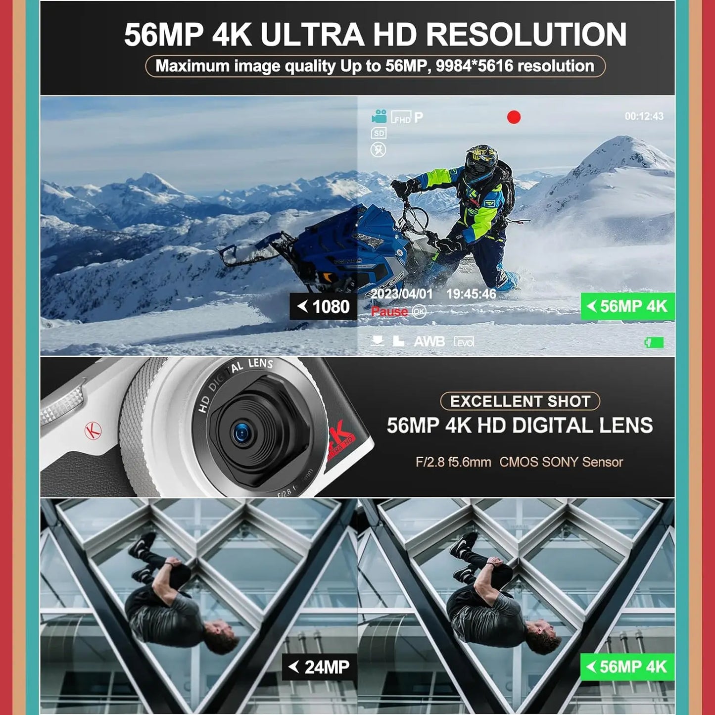 NBD 56MP Digital Camera 4K 180 Degree Flip Screen 16X Zoom