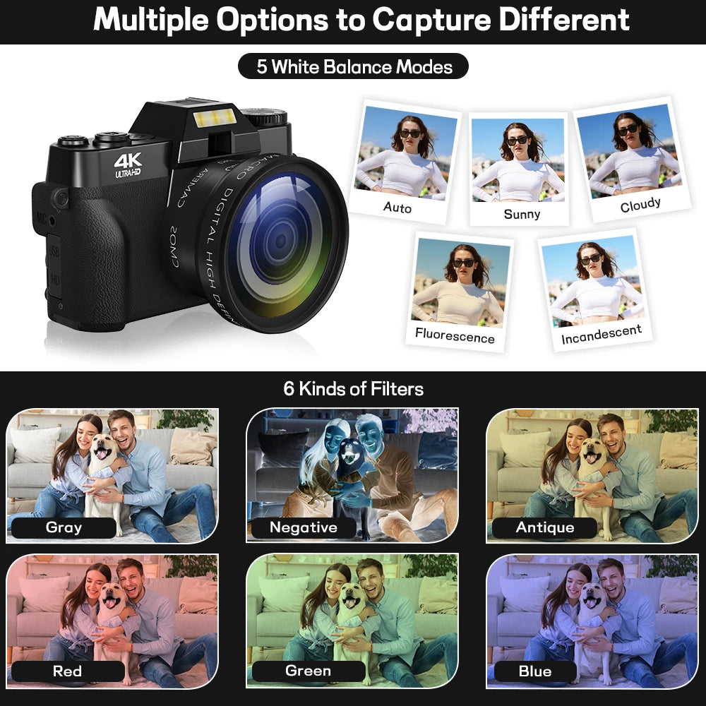 Gavonde Compact 4K Camera With WiFi Webcam 64MP Camcorder