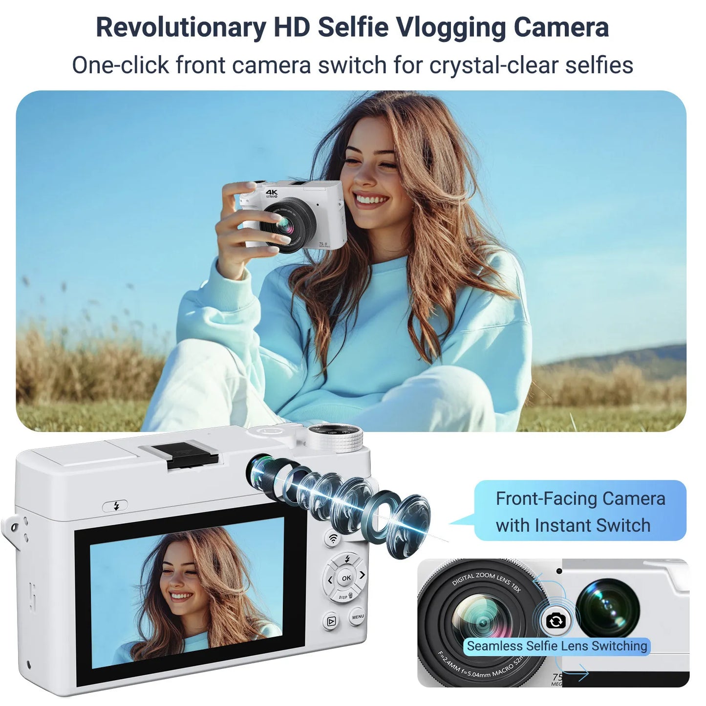 Gavonde 4K Camera 75MP Autofocus Anti Shake 18X Zoom Selfie