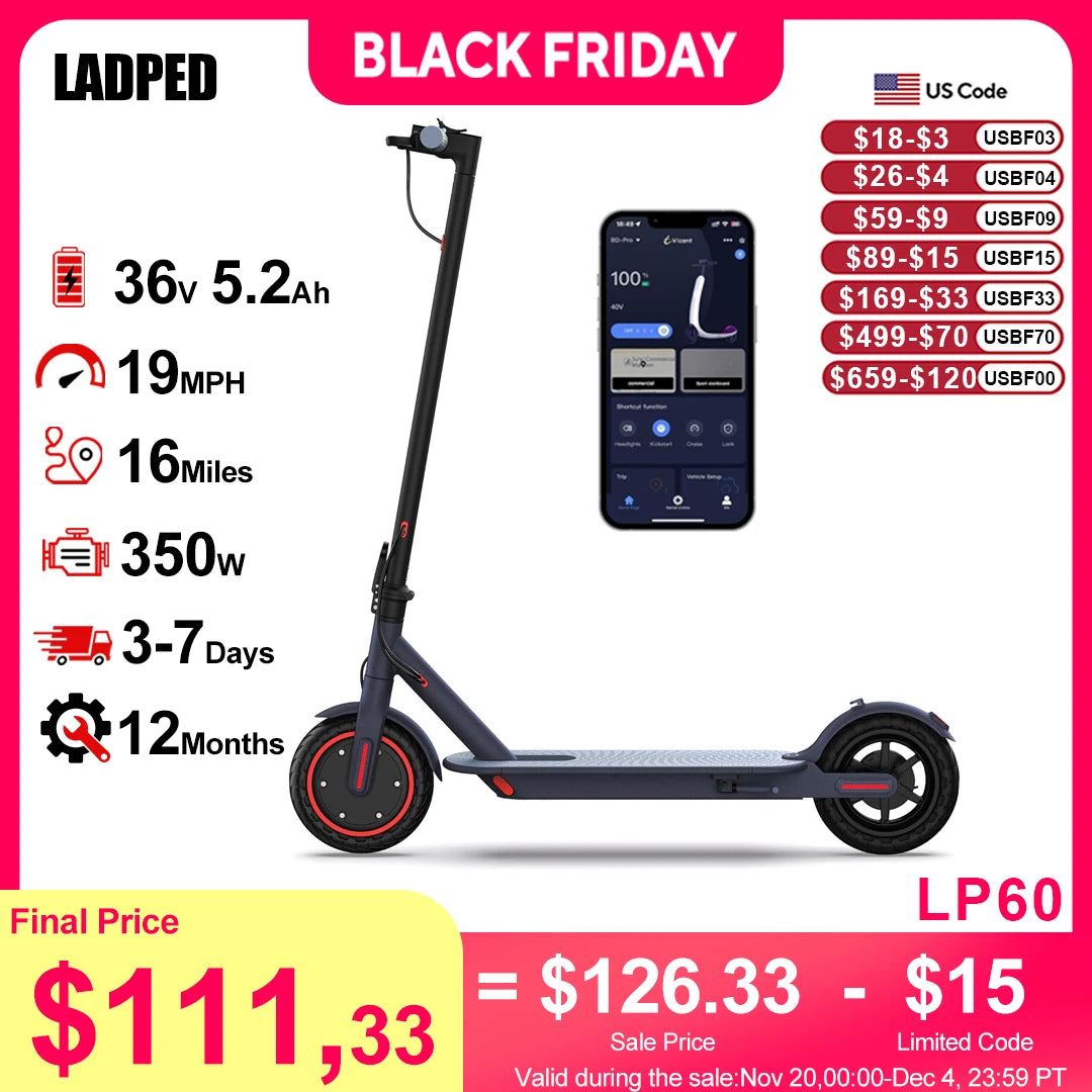 LP60 Electric Scooter 350W 19 MPH APP Control Foldable 8.5 36V 40-60km Range