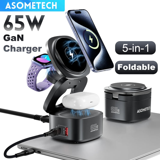 ASOMETECH 65W GaN Fast Charger Magnetic Foldable Wireless Station For MacBook
