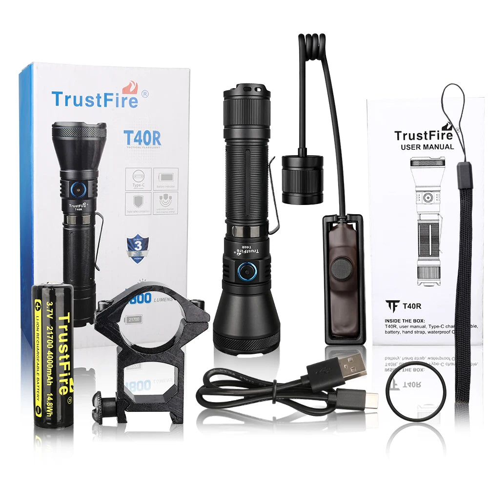 Trustfire T40R Army Tactical LED Flashlight 1800 Lumen USB Rechargeable IP68